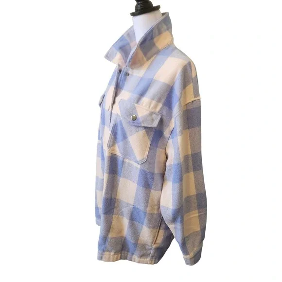 HFX Women's L Plaid Flannel Shirt Jacket Blue White Button Front Long‎ Sleeve - Picture 8 of 9